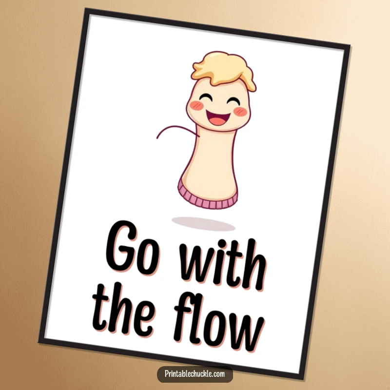 Funny poster art of a beaming sock puppet with its string comically trailing away, adding playful energy.