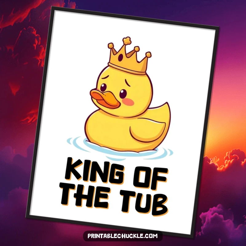 Funny poster showing a bewildered rubber duck, crowned like a king, floating in a funny, unpredictable manner.