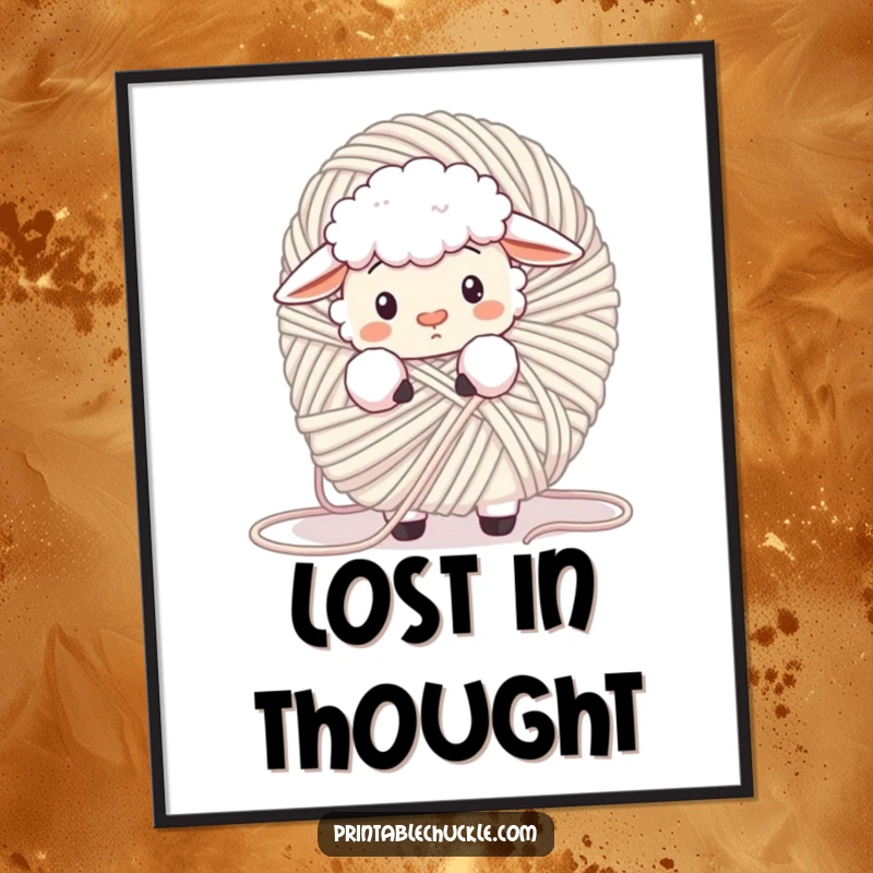 Funny fluffy sheep tangled in a giant ball of yarn, looking confused, designed as vibrant wall art, a humorous decorative piece.