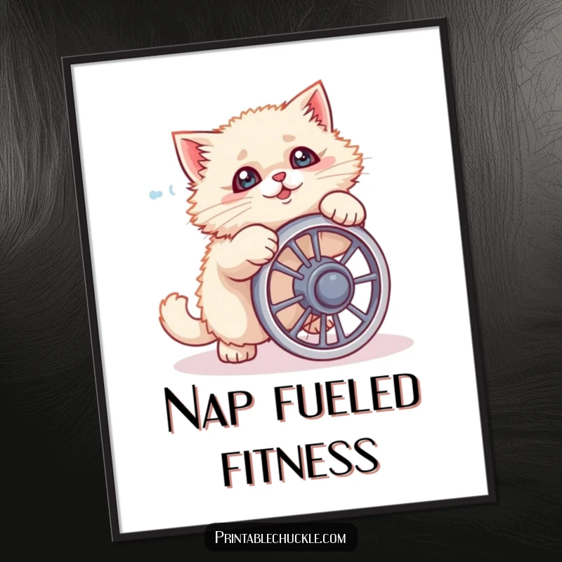 Funny cat poster featuring a fluffy feline comically failing at an ab wheel, perfect for adding humor to walls.