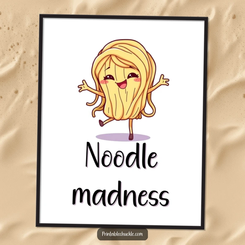 Funny Poster art of a dancing spaghetti noodle with a mischievous grin, bringing lively energy and humor to any room.