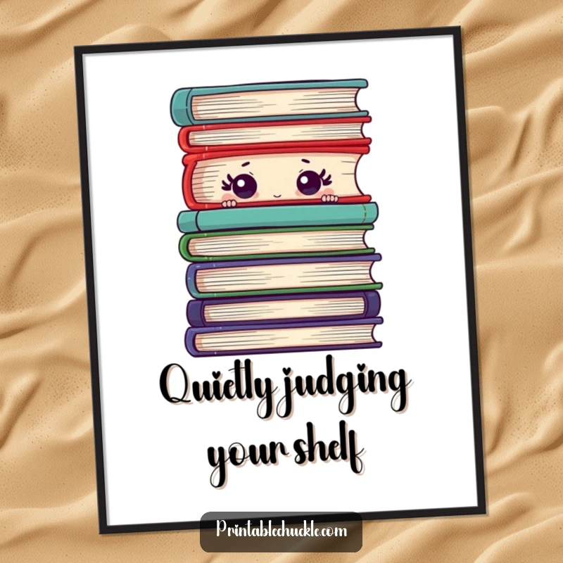 Funny poster art of a shy book with curious eyes peeking from behind a large stack, perfect for bookish spaces.