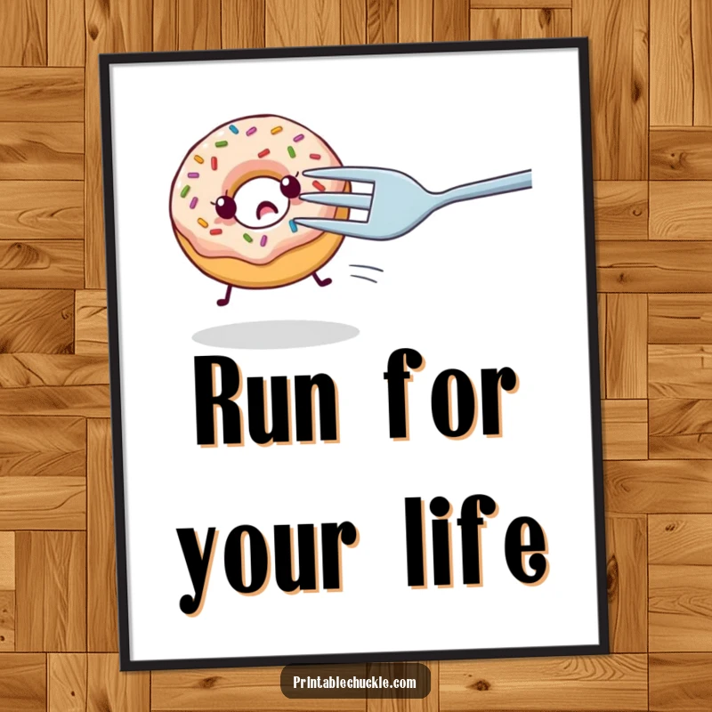 Funny poster print of a nervous donut with sprinkles being chased by a giant fork, a comical and artistic food-themed gift.