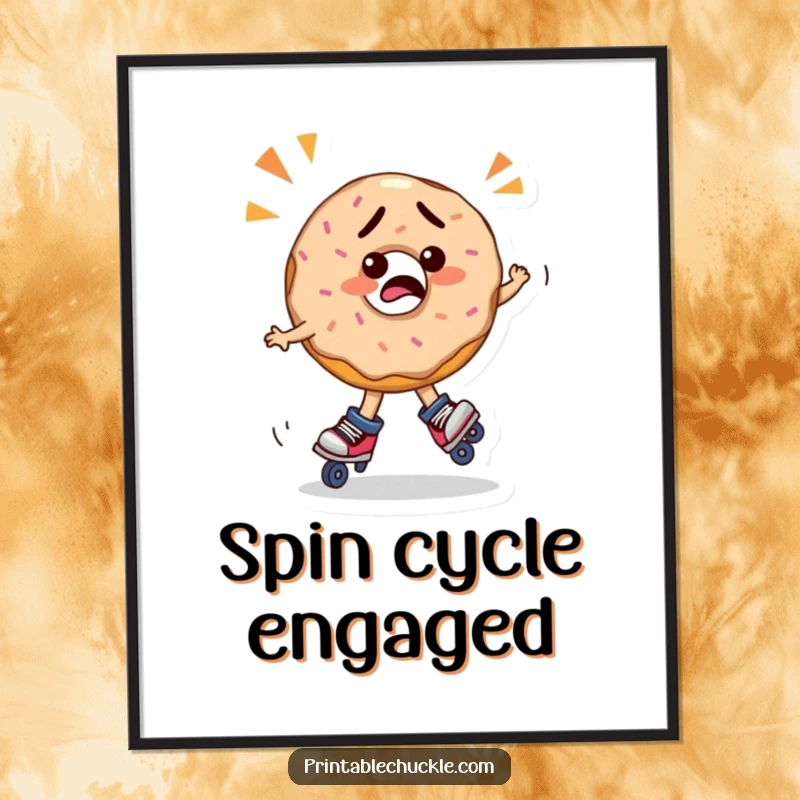 Funny confused donut wearing roller skates, spinning erratically in vibrant colors, displayed as funny wall art, a perfect funny gift.