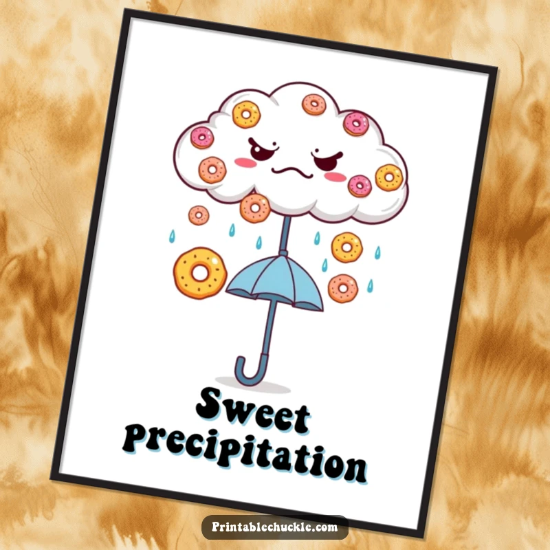 Funny Grumpy Cloud Donut Rain Poster: A grumpy cloud rains donuts onto a happy umbrella, a whimsical and delightful piece of art.