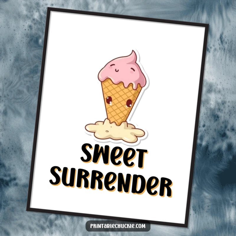 Funny poster featuring a melting ice cream cone in a dramatic, hilarious fall, perfect wall decor.