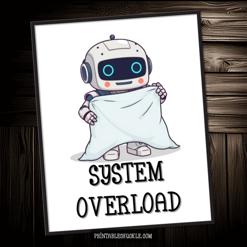 Funny poster featuring a clumsy robot hilariously attempting to fold a fitted sheet, perfect wall art.