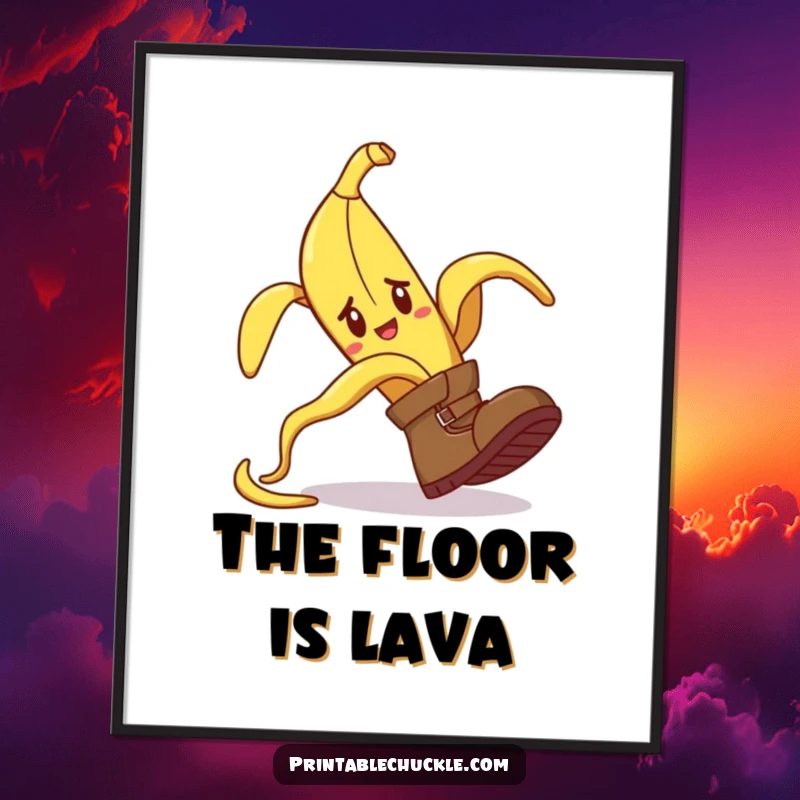 Funny poster depicting a banana peel comically tripping a confused boot, adding humorous wall decor.