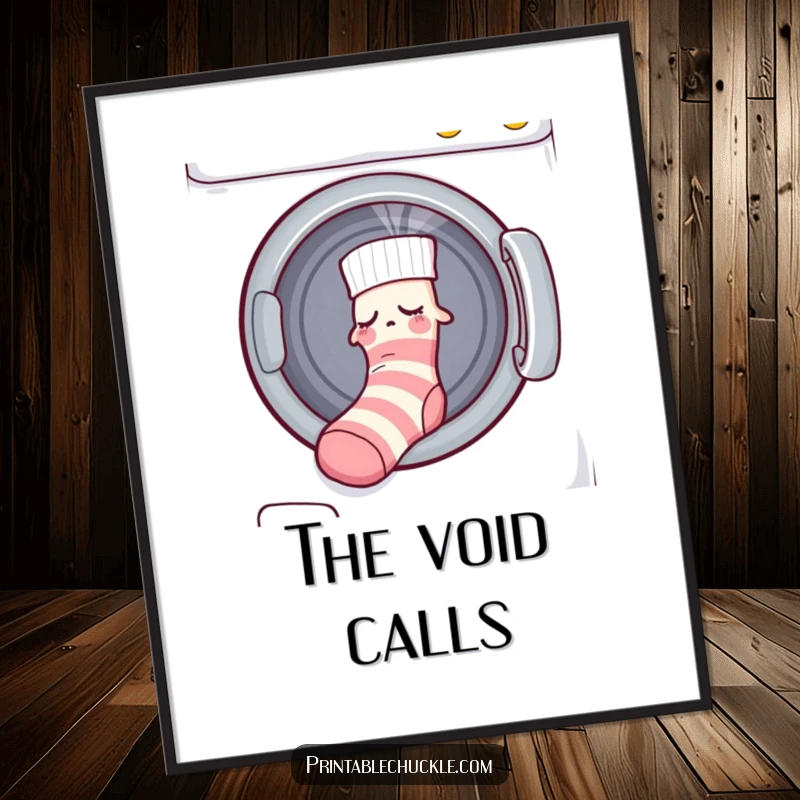 Funny poster showing a sleepy sock being pulled into a dryer by an unseen force, perfect for humorous decor.