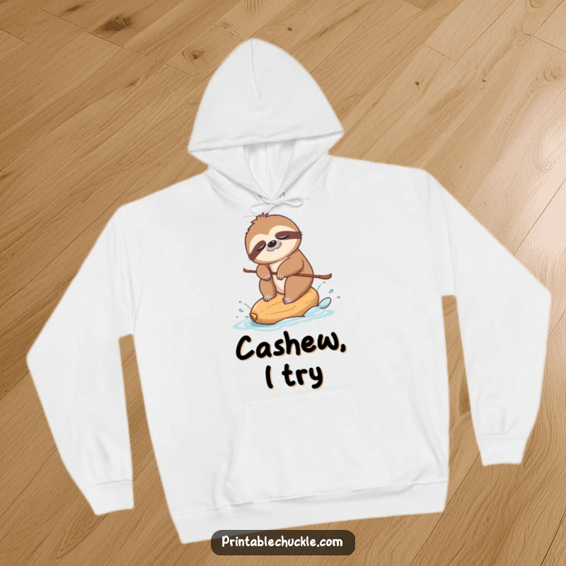 Funny hoodie featuring a sleepy sloth attempting to water ski on a small cashew nut, illustrating a hilarious, slow-motion activity.