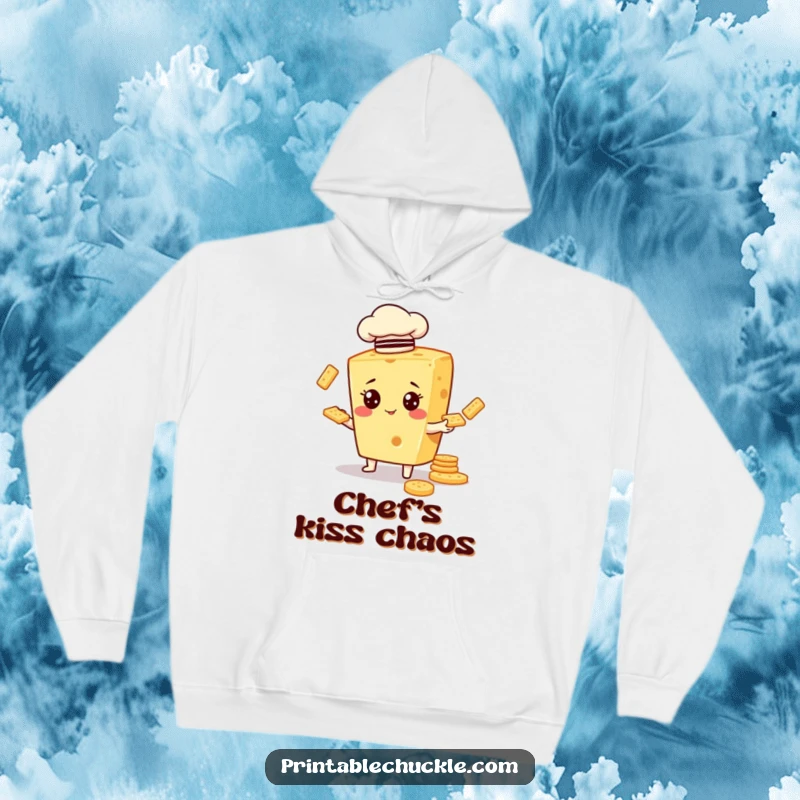 Funny hooded sweatshirt featuring a cheesy character in a chef hat, comically juggling cracker snacks.