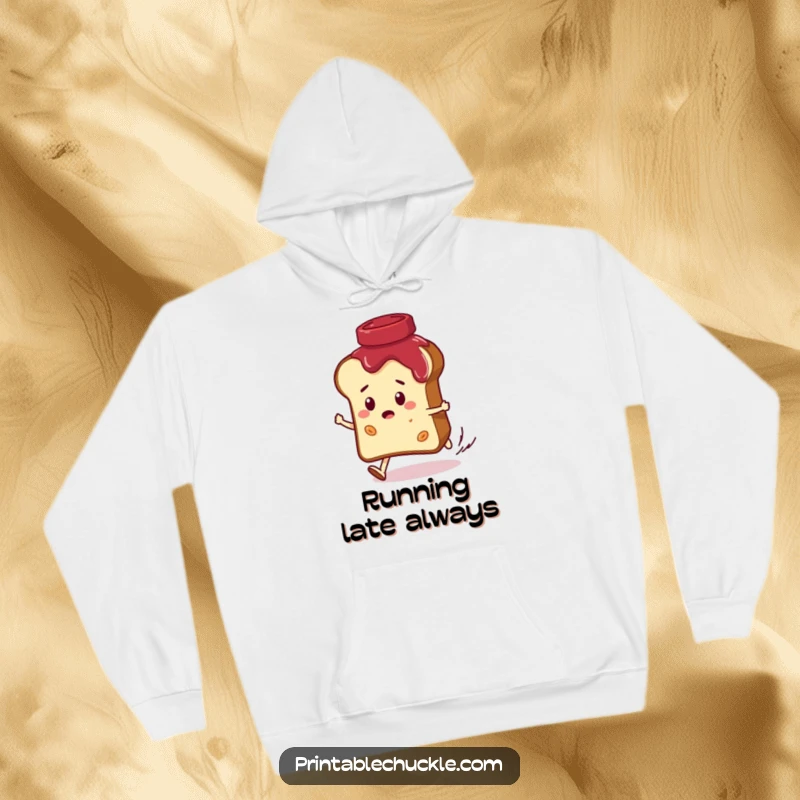 Funny hoodie showing a convinced bread slice character hilariously being chased by a giggling jar of jam, perfect for cozy, food-themed humor.