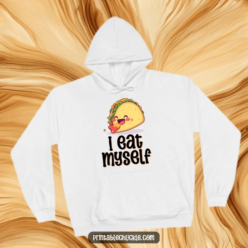 Funny smiling taco character gleefully eating a giant taco, designed for cozy comfort and foodie delight. A warm and funny hoodie.