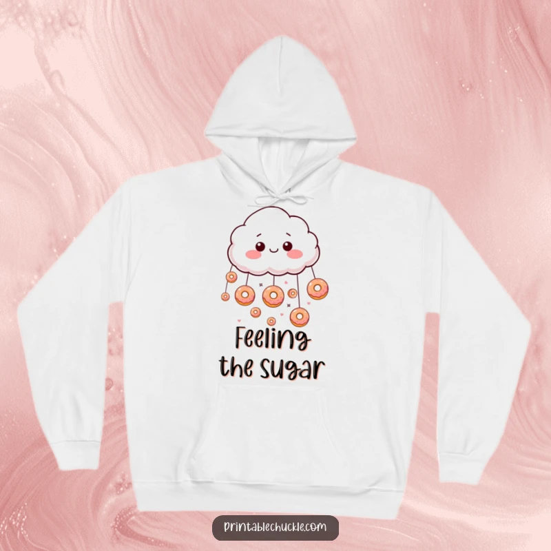 Funny giddy cloud raining tiny donuts on a cozy hoodie, radiating sweet comfort and joy.