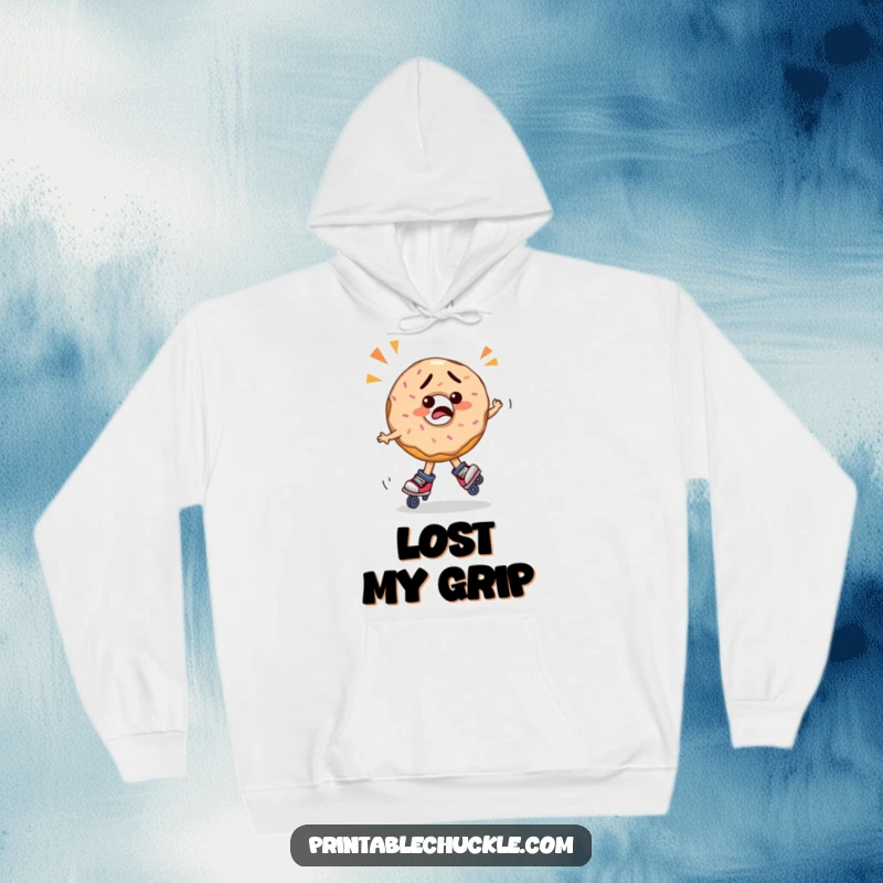 Funny confused donut wearing roller skates, spinning erratically, depicted on a cozy hoodie, a perfect funny gift for warm chuckles.