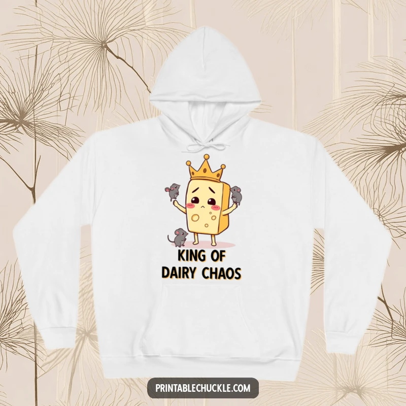Funny hoodie featuring a confused cheese slice wearing a crown, juggling mice with a royal, yet bewildered, demeanor.