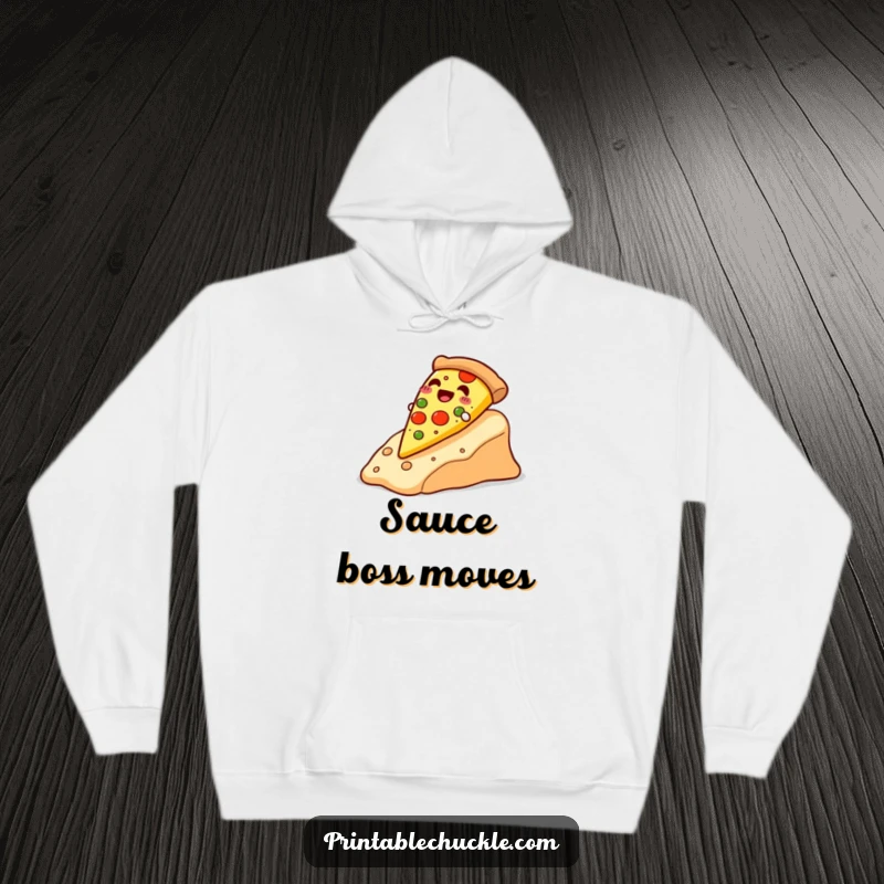 Funny happy pizza slice sliding down a cheese slope, on a cozy hoodie, perfect for a warm and funny gift.