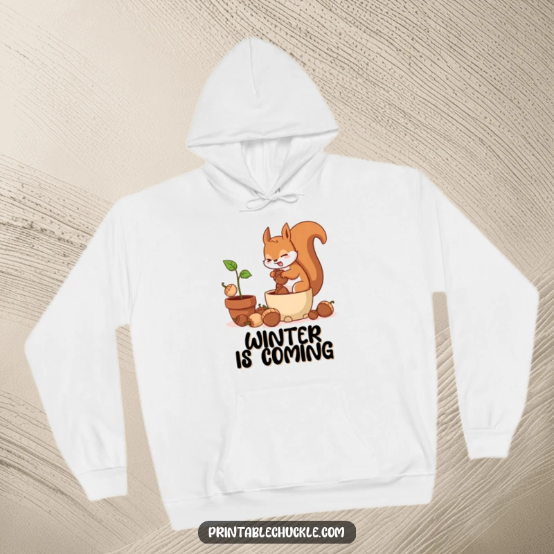 Funny hoodie with a frantic squirrel hilariously burying acorns in a potted plant, perfect for cozy humor.
