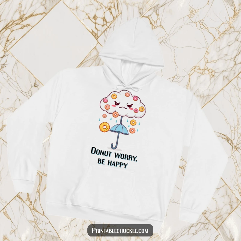 Funny Grumpy Cloud Donut Rain Hoodie: A grumpy cloud rains donuts, offering warmth and whimsical comfort on a chilly day.