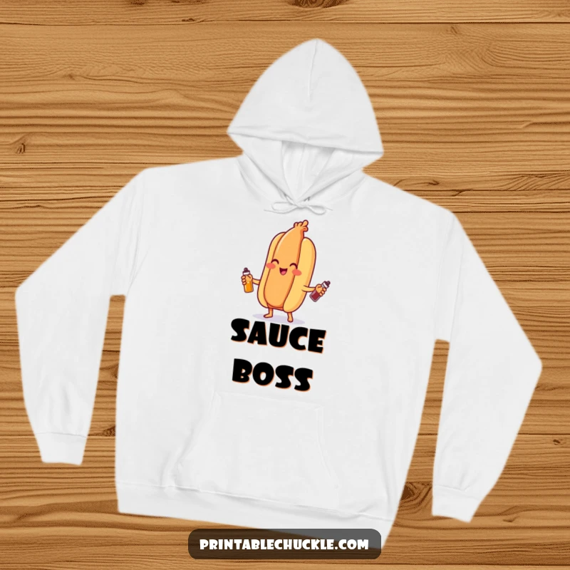 Funny hot dog hoodie, comically juggling miniature condiment bottles, perfect for cozying up with a smile.