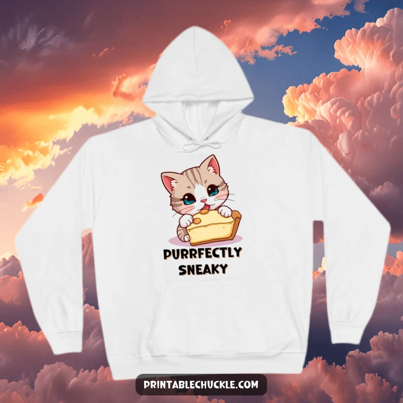 Funny hoodie with a mischievous cat eyeing a slice of pie, ready to steal, great funny gift.