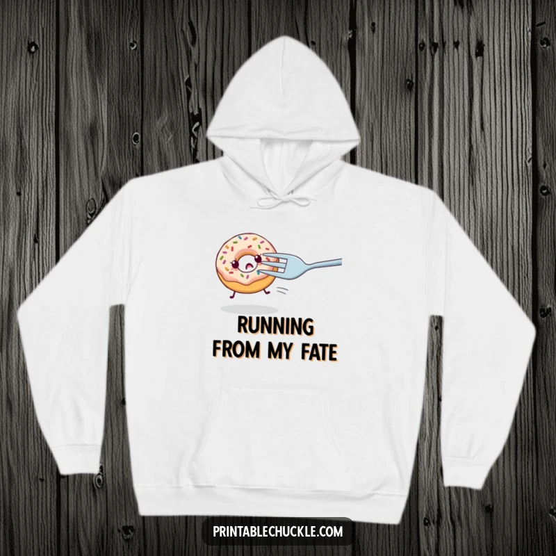 Funny hoodie showing a nervous donut with sprinkles being chased by a giant fork, offering comfort and hilarious food humor.