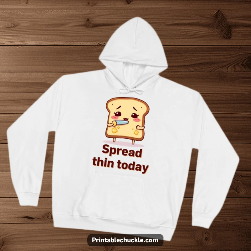 Funny nervous toast hoodie, depicted nervously attempting to butter itself with a tiny knife, cozy and comical.