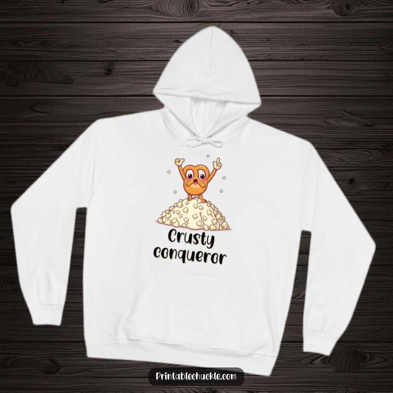 Funny hoodie depicting a triumphant pretzel character striking a celebratory pose after scaling a massive popcorn mountain.