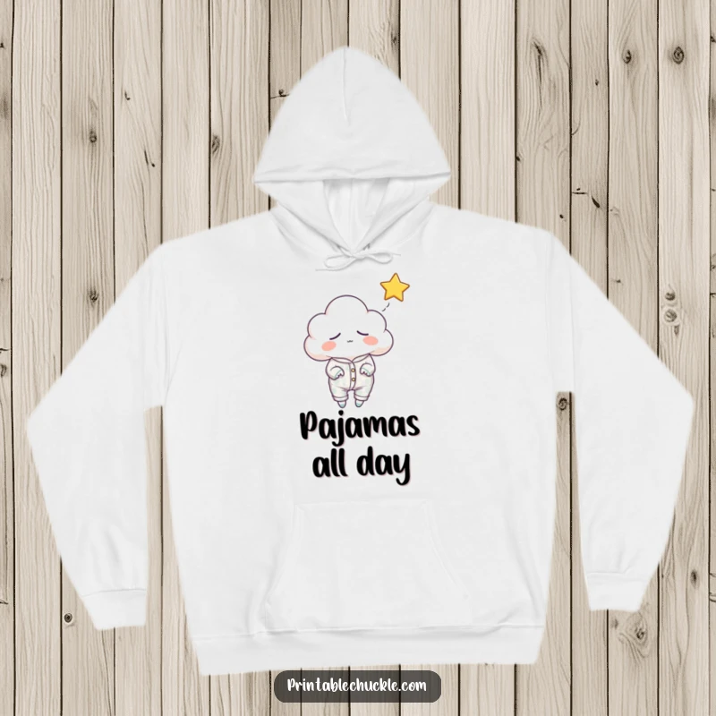 Funny sleepy cloud hoodie, depicted in pajamas, yawning while trying to catch a falling star, cozy and humorous.