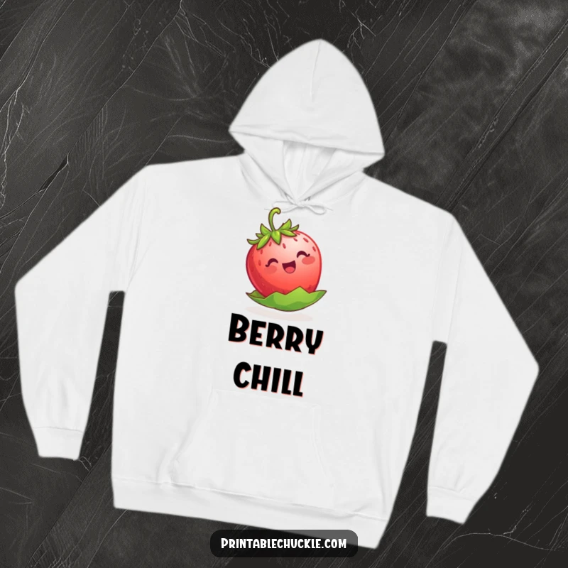 Funny strawberry hoodie, a cute berry balancing on its leaf, perfect for staying warm and smiling.