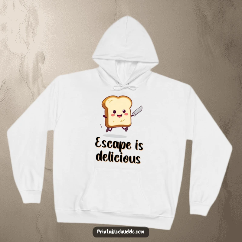 Funny Toast Running Butter Knife Hoodie: A piece of toast with legs hilariously flees from a butter knife, offering cozy, funny vibes.