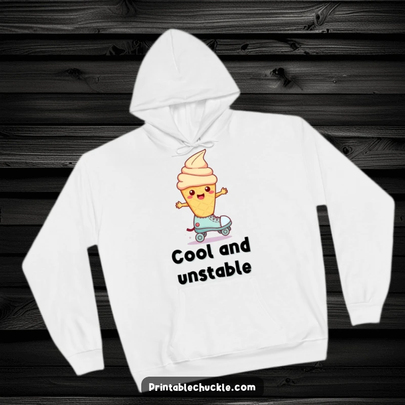 Funny Wobbly Ice Cream Roller Skate Hoodie: A melting ice cream cone wobbles on a roller skate, offering cozy, humorous vibes.
