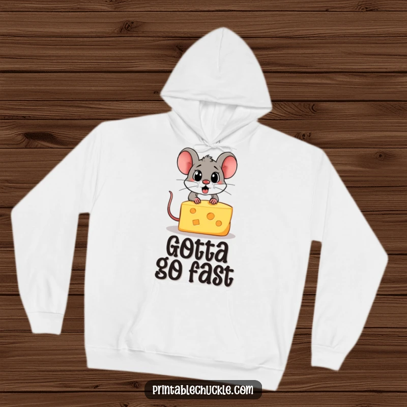 Funny hoodie featuring a piece of cheese startled and trying to escape from a hungry cartoon mouse.