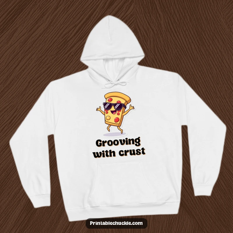 Funny hoodie depicting a pizza slice wearing sunglasses, performing dynamic breakdance moves with a cool attitude.