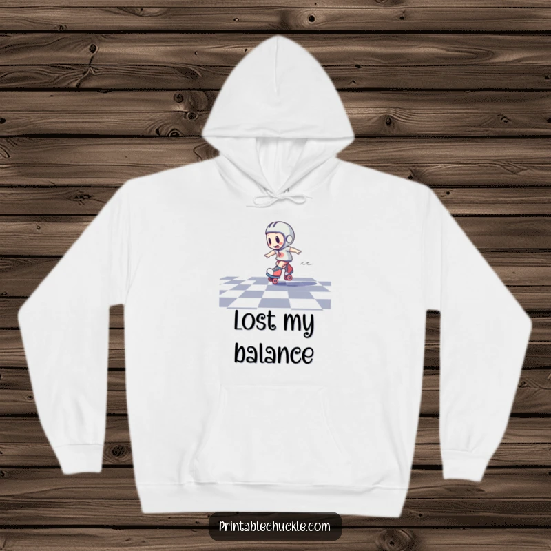 Funny hooded sweatshirt depicting a roller skate character in a fast, dizzy spin on a checkered floor, full of motion.