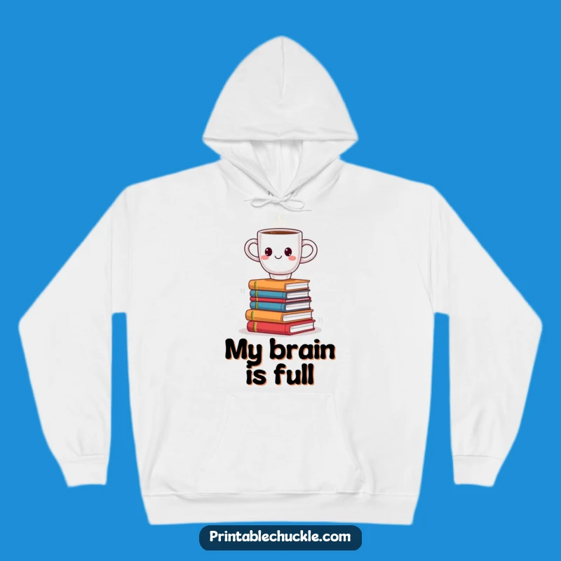 Funny Coffee Book Balance Hoodie: Cozy Warmth with Smiling Cup on Books, Humorous Reader Gift