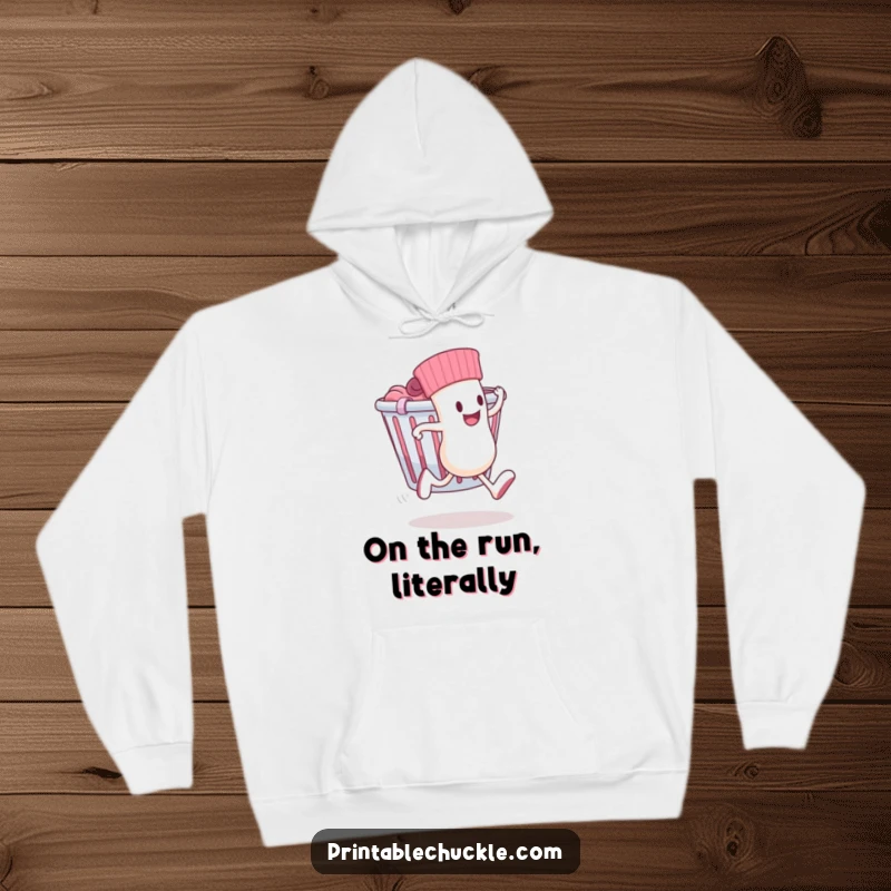 Funny hoodie featuring a sock with legs running away from a laundry basket, symbolizing escape from chores.