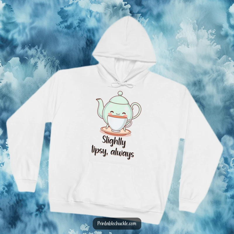 Funny cheerful teapot on legs, struggling to balance a teacup, on a cozy hoodie, a hilariously charming funny gift.