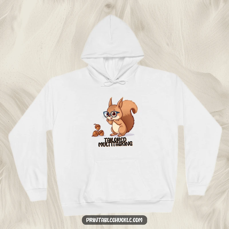 Funny squirrel hoodie featuring a mischievous character with glasses juggling acorns with its tail, perfect for staying warm.