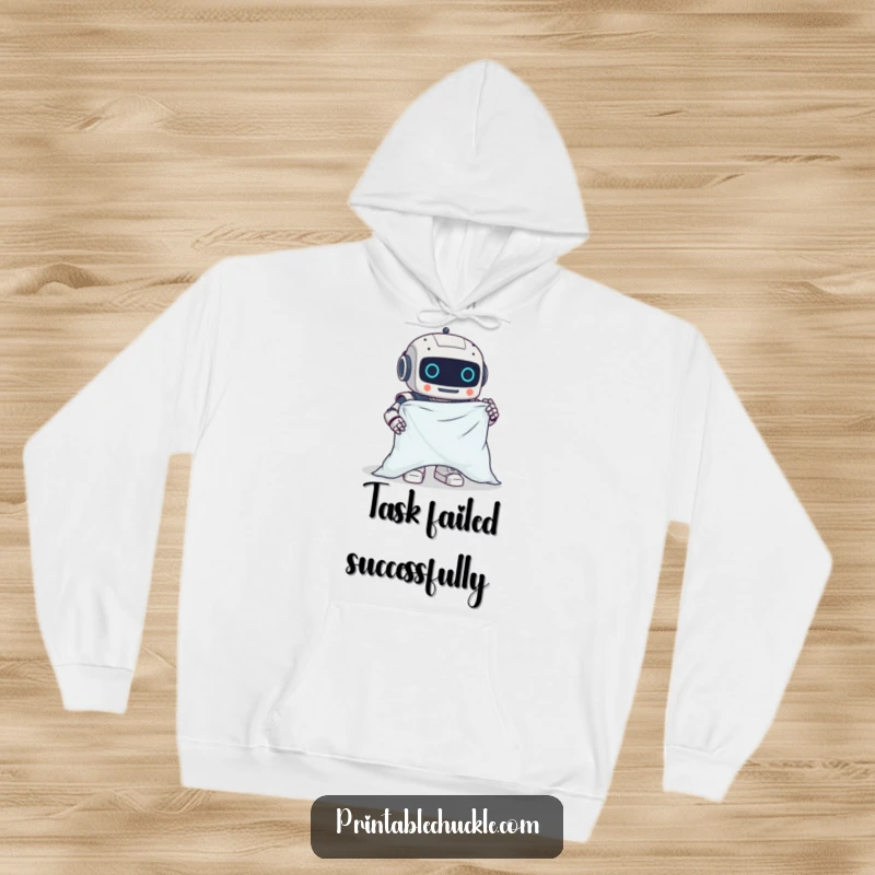 Funny hoodie with a clumsy robot hilariously attempting to fold a fitted sheet, perfect for cozy humor.