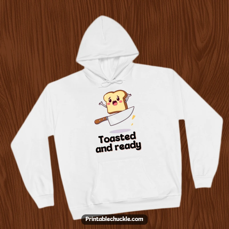 Funny hoodie showcasing a determined piece of toast jumping over a huge butter knife, combining comfort with breakfast heroism.