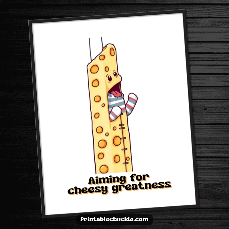 Funny Free Printable Wall Art: A determined sock puppet character is captured mid-climb on a colossal skyscraper made entirely of cheese.
