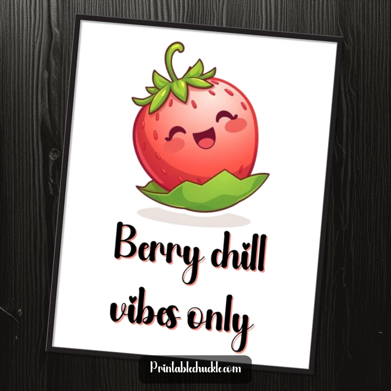 Funny Free Printable Wall Art: An ecstatic strawberry attempts to float on its leaf, radiating pure, unadulterated delight and fun.