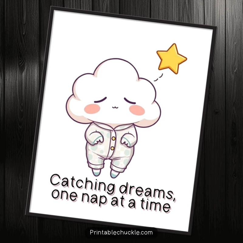 Funny Free Printable Wall Art: A sleepy cloud wearing pajamas tries to catch a twinkling star.