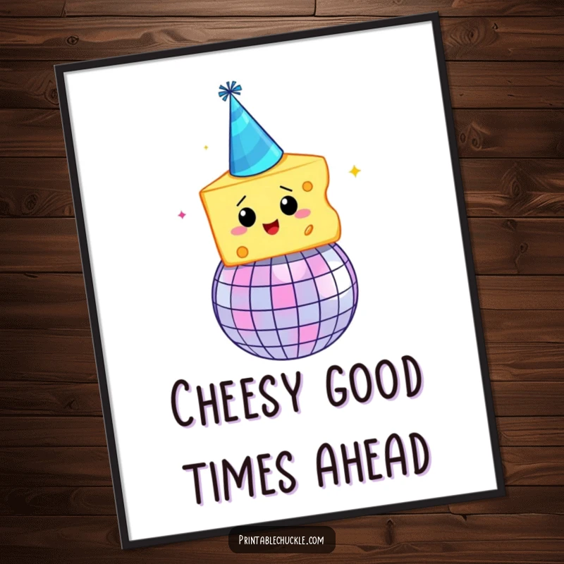 Funny free printable wall art, a slice of cheese wearing a party hat spinning crazily on a disco ball.