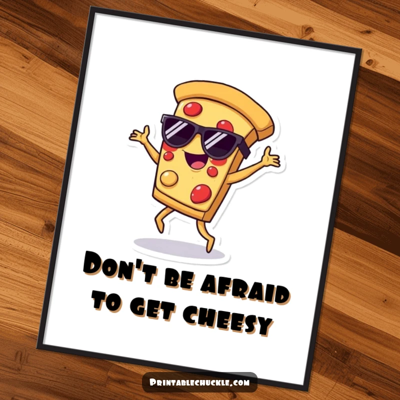 Funny Free Printable Wall Art: A cheerful pizza slice wearing sunglasses is mid-breakdance move, radiating cool, cheesy, and fun energy.