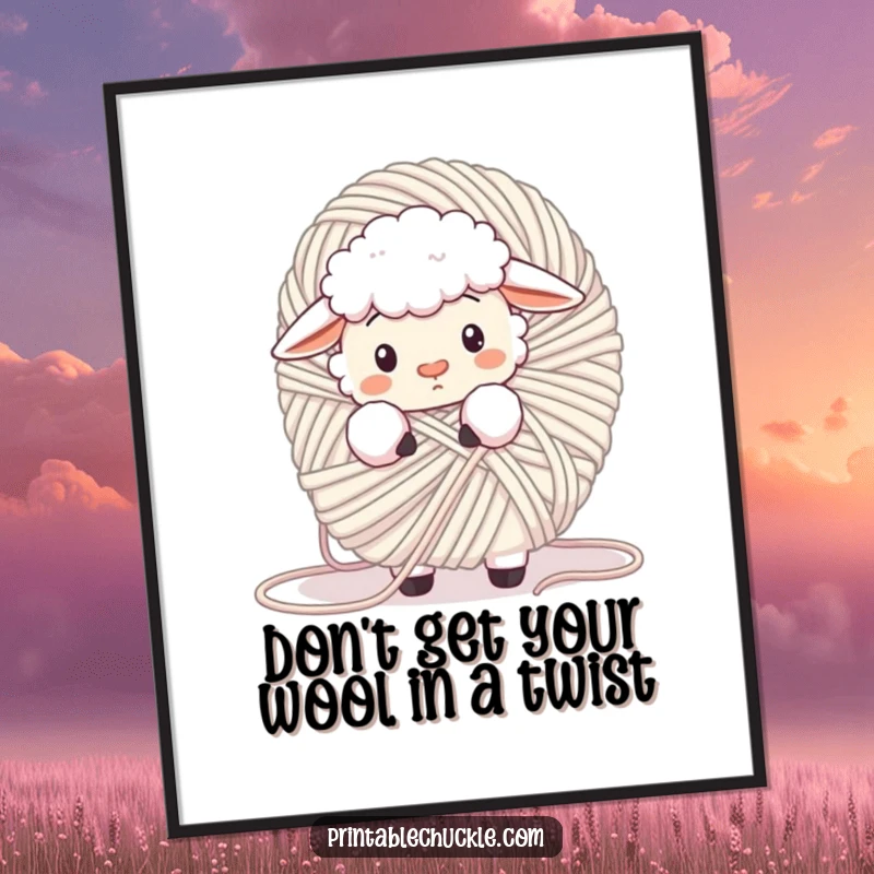Funny free printable wall art featuring a fluffy sheep hilariously tangled in a giant ball of yarn, looking confused for cozy decor.