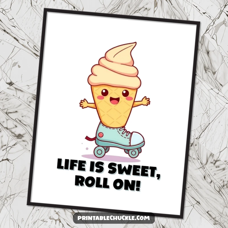 Free Printable wall art showing a wobbly ice cream cone character comically attempting to skate on a single roller skate.