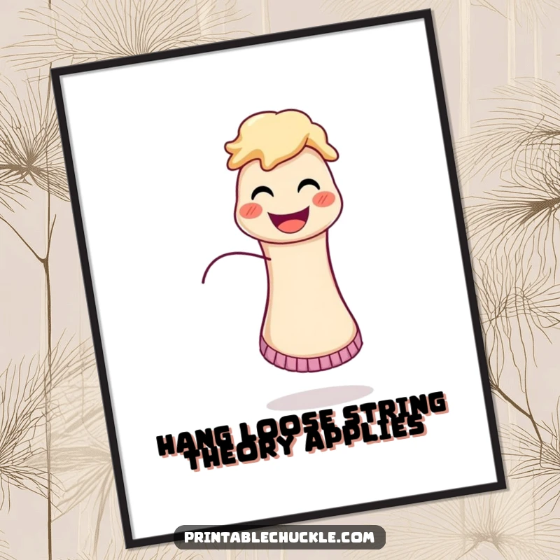 Funny Free Printable Wall Art of a happy sock puppet with a runaway string, adding a whimsical touch to any room.