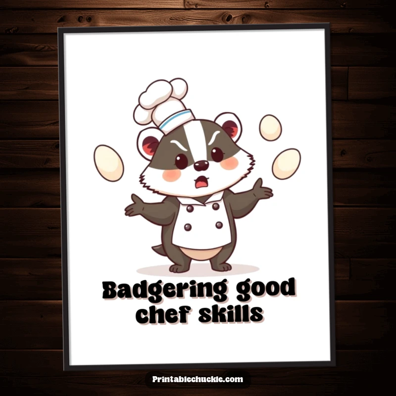 Funny Free Printable Wall Art: Bewildered badger chef in a tiny hat, juggling eggs, a hilarious downloadable piece of decor.
